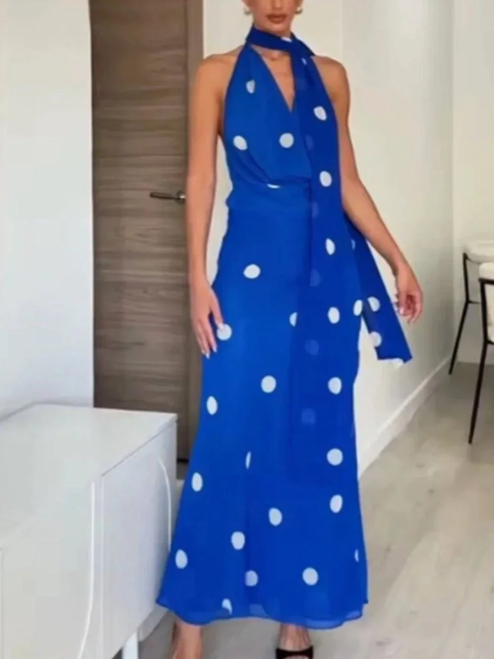 Zara Womens Midi Dress XS Blue White Polka Dot Print Halter Neck 8410/430 NWT - Picture 1 of 16